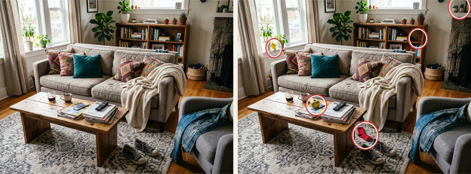 The Messy rooms level with all five differences circled in red on the right image